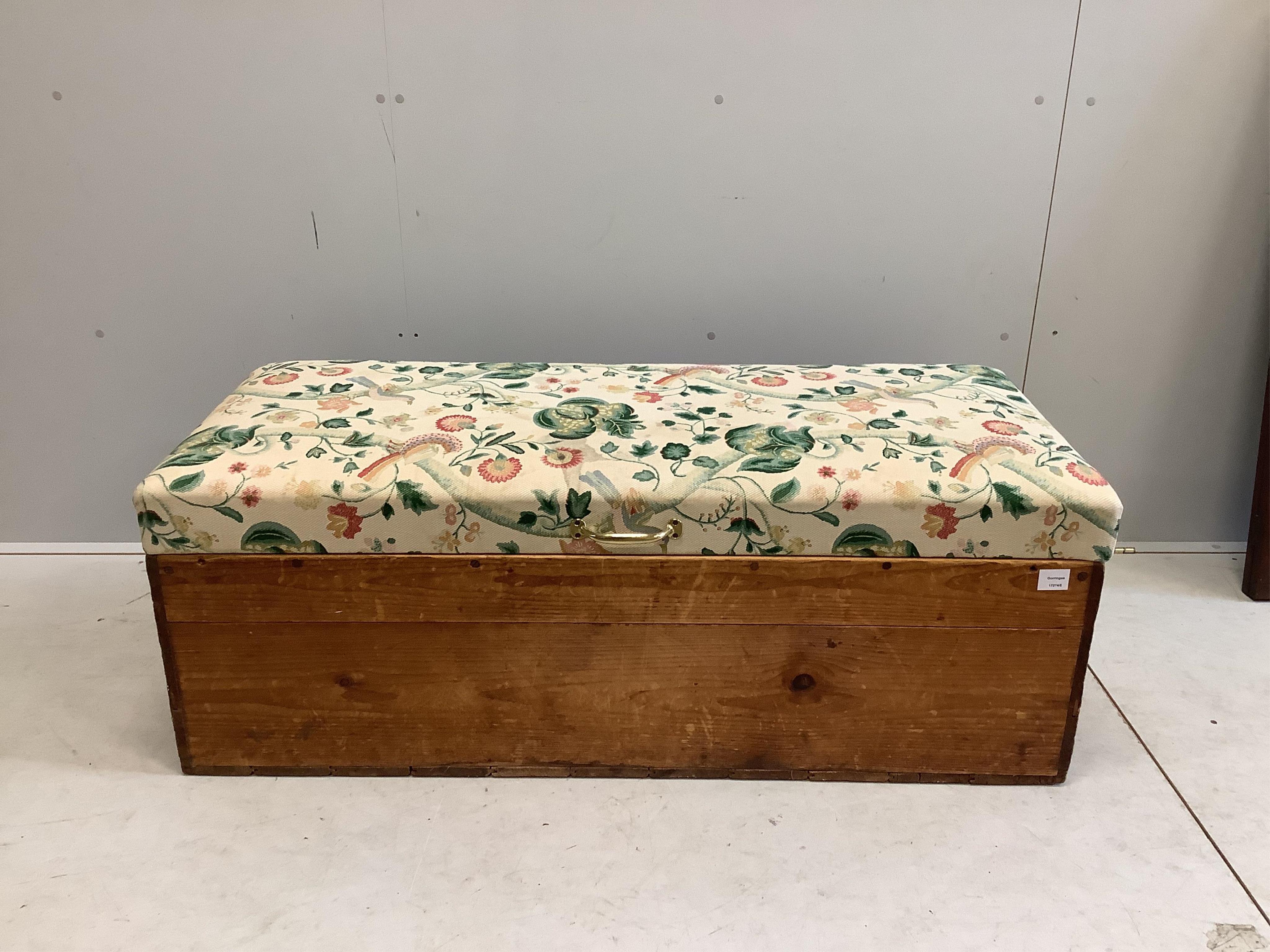 A Victorian pine ottoman with upholstered hinged box seat, width 130cm, depth 56cm, height 48cm. Condition - fair to good